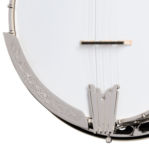 Epiphone Mastertone Classic Banjo - Natural, close-up of the mahogany resonator, nickel hardware, and Remo 11 frosted banjo head.