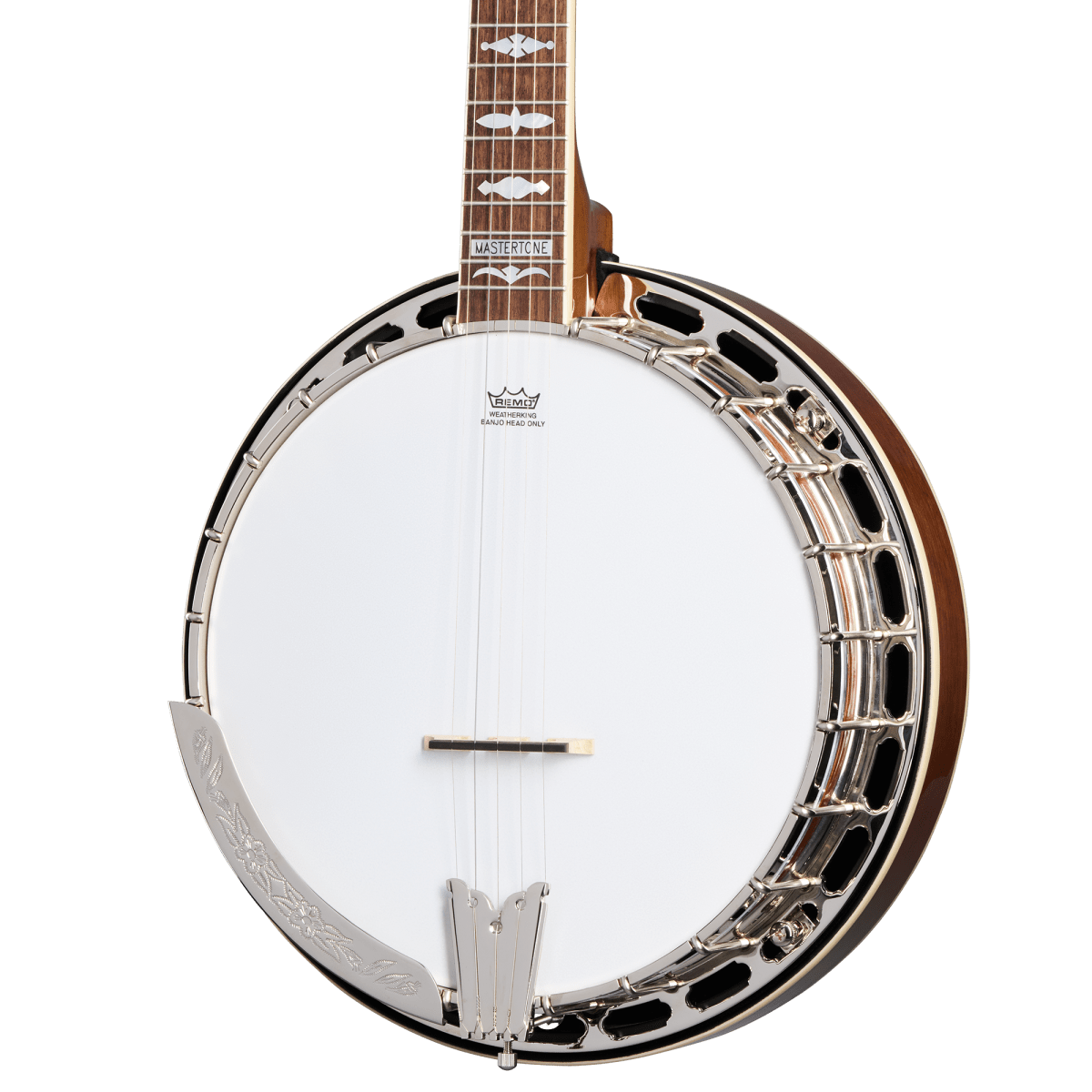 Close-up of the Epiphone Mastertone Classic Banjo - Natural, showcasing its detailed craftsmanship and premium build quality.