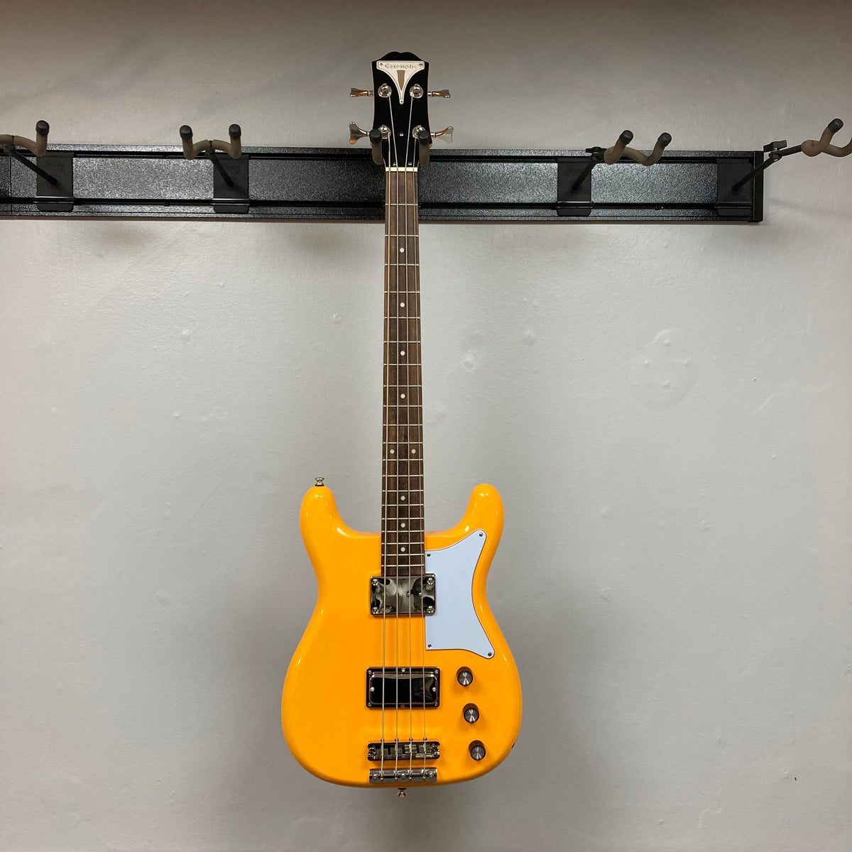 Epiphone Newport Bass California Coral, 4-string electric bass guitar with a unique body shape, displayed on a wall.