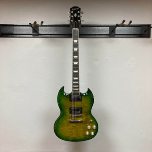 An Epiphone SG Modern Figured Iguana Burst electric guitar with a gig bag is hanging on a wall-mounted rack against a white background.
