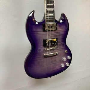 An Epiphone SG Modern Figured Purple Burst electric guitar with chrome hardware, ProBucker humbuckers, four knobs, and a three-way switch hangs on a white wall. Inspired by Gibson Collection. Includes gig bag.