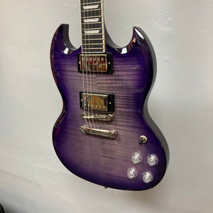 An Epiphone SG Modern Figured Purple Burst electric guitar with ProBucker humbuckers, four control knobs, double cutaway body, and bridge, hangs on a white wall. Includes gig bag. Inspired by the Gibson Collection.
