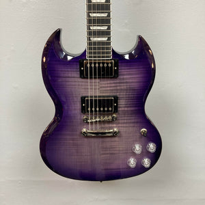The Epiphone SG Modern Figured Purple Burst w/GigBag electric guitar, featuring a double-cutaway body, ProBucker humbucker pickups, four control knobs, and a three-way switch, is pictured against a plain light-colored wall.