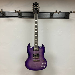 Epiphone SG Modern Figured Purple Burst w/GigBag, featuring ProBucker pickups, mahogany body, maple cap, and ebony fingerboard, displayed on wall.