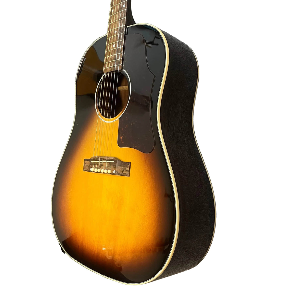 The Epiphone Slash J-45 Acoustic Guitar w/Case by Epiphone features six strings, a pickguard, cream binding, and a Shadow NanoFlex pickup, shown here against a white background.