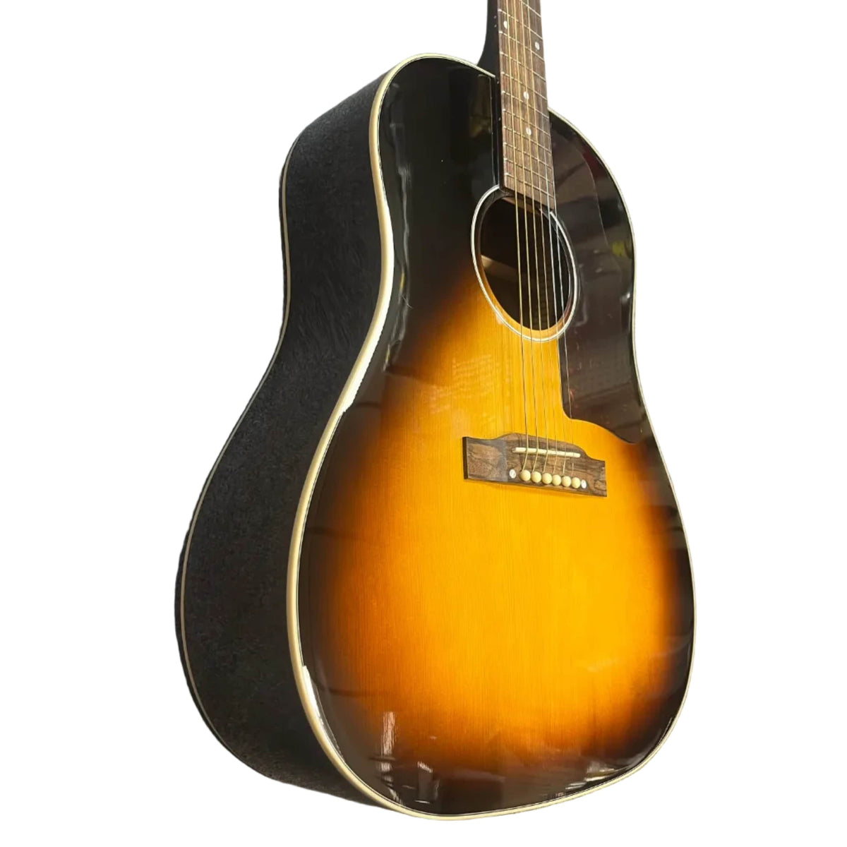 The Epiphone Slash J-45 Acoustic Guitar w/Case features a sunburst glossy finish, six strings, a curved body, and white-trimmed edge—modeled after the iconic Epiphone design.