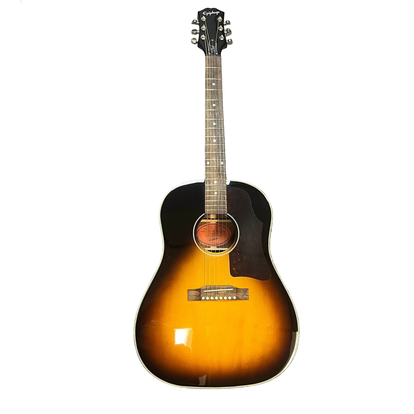 The Epiphone Slash J-45 Acoustic Guitar w/Case by Epiphone, shown with a sunburst finish, black pickguard, six tuning pegs, and Shadow NanoFlex pickup, is photographed against a white background.