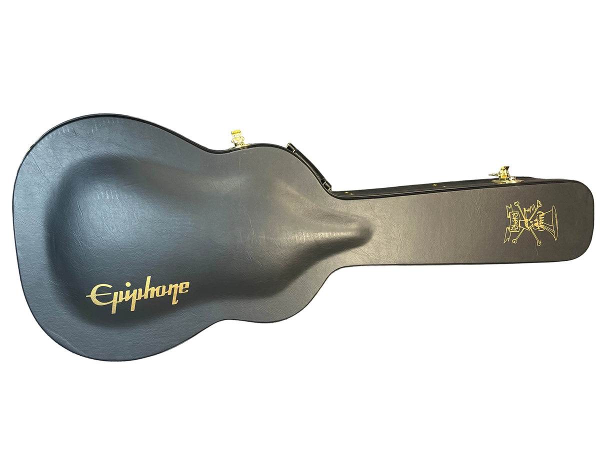 A black Epiphone guitar case with gold latches and logo, designed for the Epiphone Slash J-45 Acoustic Guitar w/Case by Epiphone, shown closed on a white background.