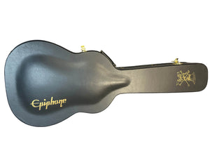 A black Epiphone guitar case with gold latches and logo, designed for the Epiphone Slash J-45 Acoustic Guitar w/Case by Epiphone, shown closed on a white background.