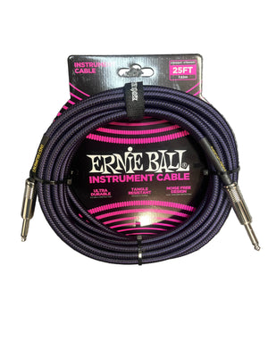 Ernie Ball 25ft braided instrument cable (straight/straight, purple/black) shown in original packaging.