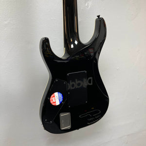 Back view of the ESP E-II Horizon FR-7 Black w/Case 7-string electric guitar by ESP, with a sticker, visible control panel, and Floyd Rose bridge, photographed against a plain white wall.