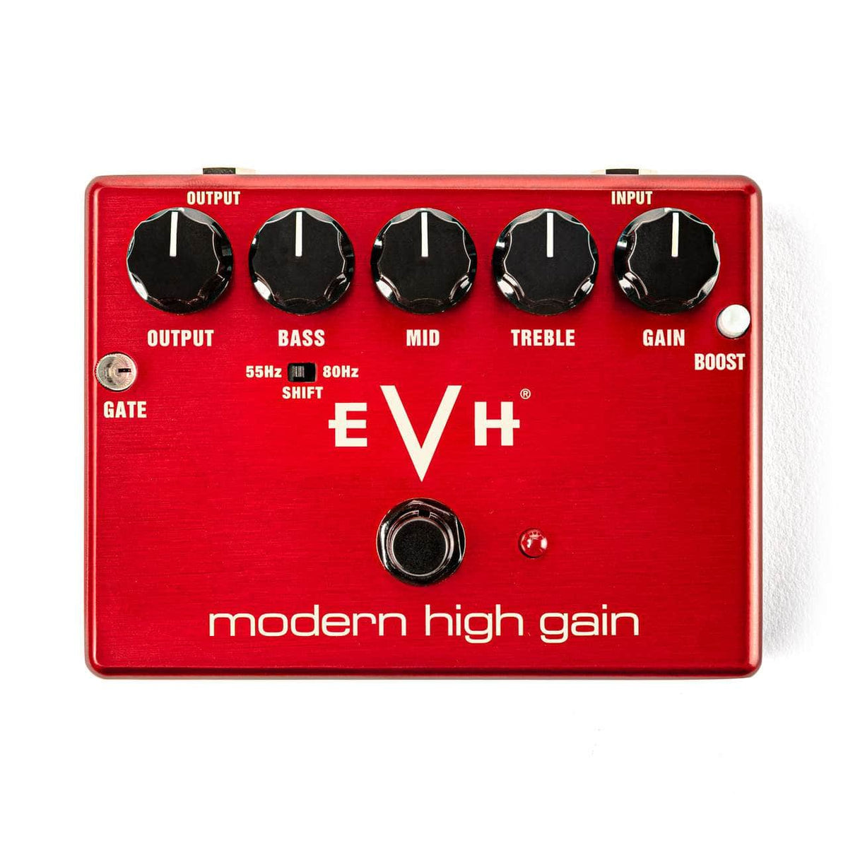 The MXR EVH MXR Modern High Gain EVHMHG is a red high-gain guitar effects pedal inspired by Eddie Van Halen, featuring five black knobs (Output, Bass, Mid, Treble, Gain) and two switches labeled Gate and Boost for versatile modern EVH high-gain tones.