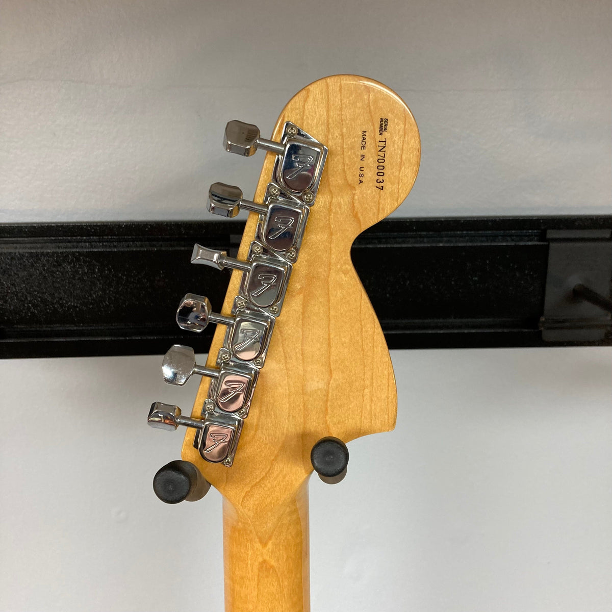 Close-up of a 1997 Fender Artist Series Jimi Hendrix Tribute Stratocaster USA guitar, highlighting its pristine condition and iconic design.