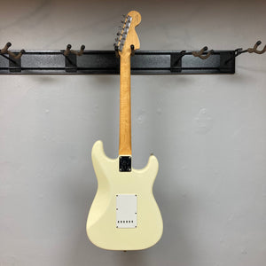 White 1997 Fender Artist Series Jimi Hendrix Tribute Stratocaster USA with case, pristine condition, original pickguard plastic, Hendrix-style straps, and all original accessories included.