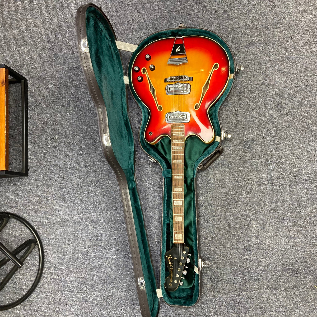 Fender Coronado II 1973 Sunburst in case, semi-hollowbody guitar with dual Fideli&#39;Tron humbuckers, visible minor finish blemishes on the body.