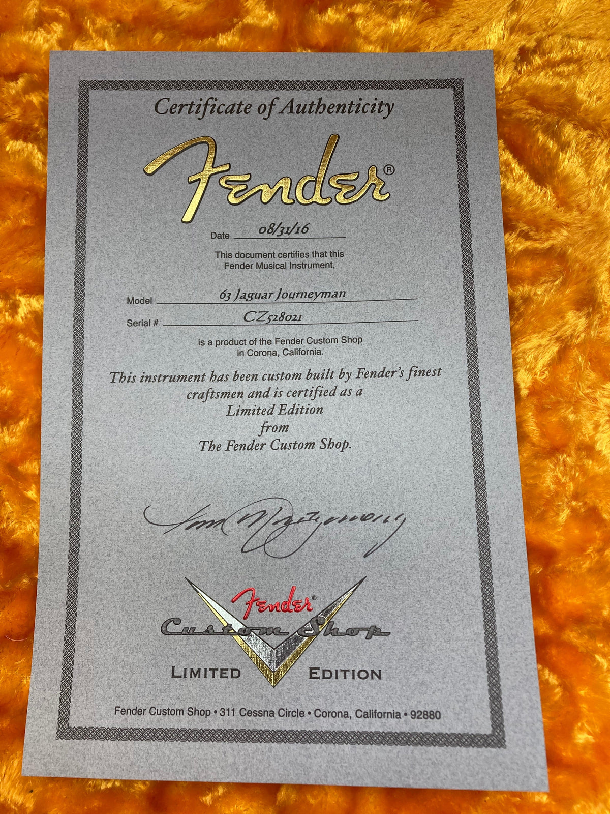 Certificate of authenticity for the Fender Custom Shop Jaguar Journeyman guitar, detailing its limited edition status and exceptional craftsmanship.