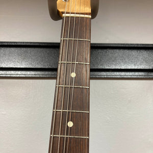 Close-up of the Fender Heritage '60s Telecaster Custom Made in Japan Sunburst w/Gigbag, showing six strings, frets, and two dot inlays on its rosewood fingerboard against a plain background.