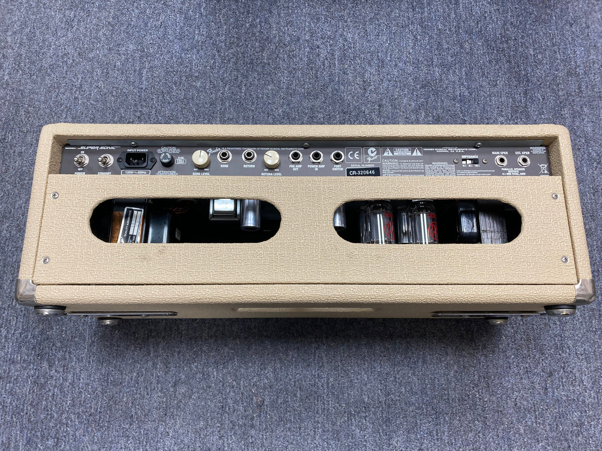 Fender Super Sonic Amp Head, used, with buttons and switches, offering 60-watt power and dual channels, in excellent condition.