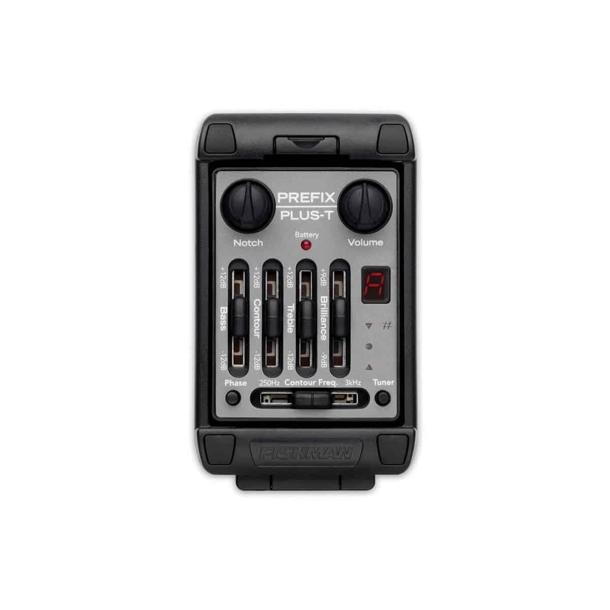 Fishman Prefix Plus-T Preamp mounted on guitar side, featuring volume, EQ sliders, notch filter, phase switch, battery indicator, and built-in tuner for precise sound control.