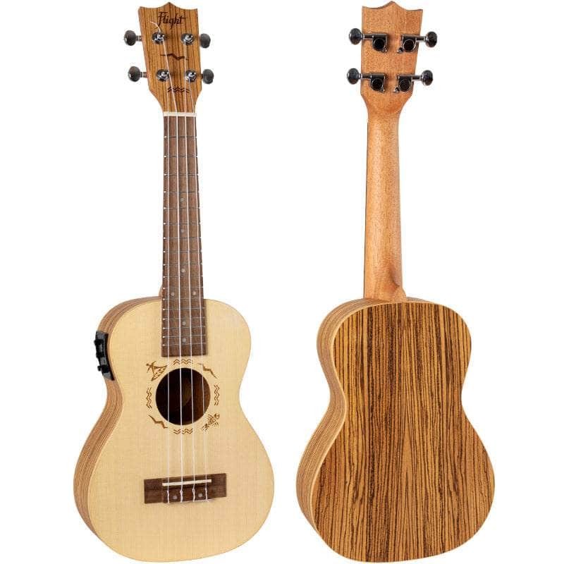 Flight DUC525 EQ SP/ZEB Electro-Acoustic Concert Ukulele with spruce top, zebrawood body, engraved rosette, and electronic preamp, showcasing front and back views.
