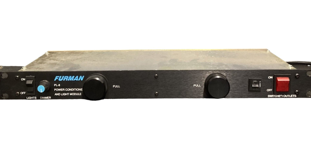 Furman PL-8 Power Conditioner and Light Module USED, featuring multiple knobs and switches for controlling power and illumination, ideal for protecting and lighting audio equipment racks.