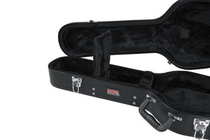 Gator Economy Wood Case for Les Paul LP Electric Guitar, featuring a black exterior with handles and a secure, plush-lined interior for optimal protection.