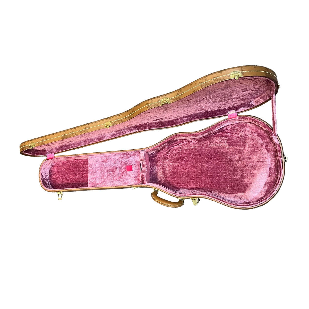 The Gibson 5-Latch Brown/Pink Hardshell Case for Les Paul by Gibson is open and empty, featuring pink velvet lining and brown edges, displayed against a white background.