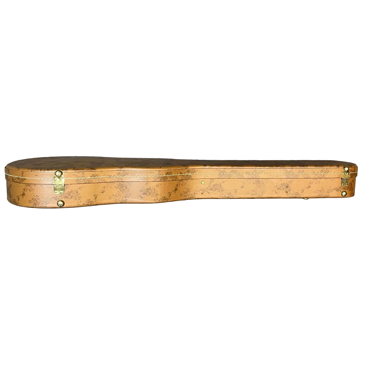 A Gibson 5-Latch Brown/Pink Hardshell Case for Les Paul by Gibson, featuring a worn tan exterior and metal latches, is shown closed and lying flat on a white background.