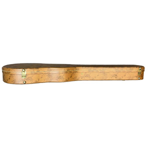 A Gibson 5-Latch Brown/Pink Hardshell Case for Les Paul by Gibson, featuring a worn tan exterior and metal latches, is shown closed and lying flat on a white background.