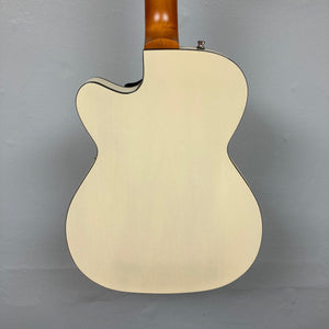 Godin 5th Ave TL Kingpin P90 Trans Cream HG guitar with white body and brown neck, embodying a blend of design and versatile sound.