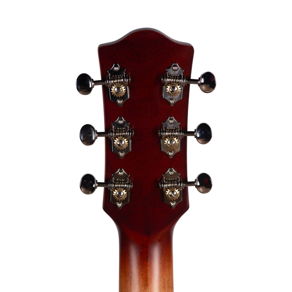 Close-up of the back of a Godin 5th Avenue Kingpin II DLX Vintage Burst HG SF headstock, featuring six chrome tuning pegs (three per side) and showcasing Canadian craftsmanship against a white background.