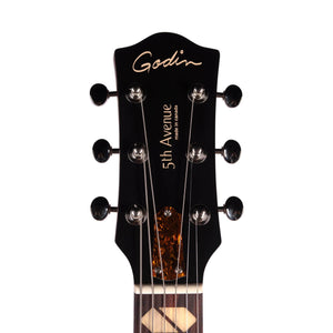 Close-up of a Godin 5th Avenue Kingpin II DLX Vintage Burst HG SF headstock, featuring the Godin logo, tuning pegs, and part of the fretboard against a white background—highlighting Canadian craftsmanship.