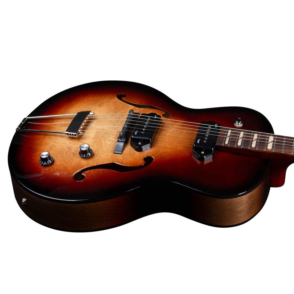 The Godin 5th Avenue Kingpin II DLX Vintage Burst HG SF is a semi-hollow electric guitar with f-holes, two control knobs, a bridge, and P90 pickups—shown from an angled side view—featuring signature Canadian craftsmanship.