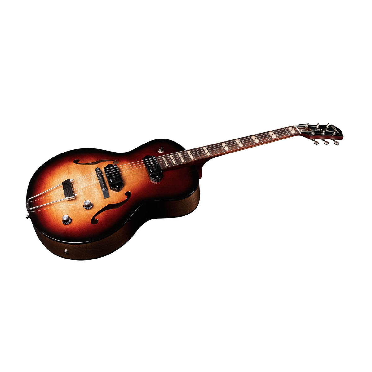 The Godin 5th Avenue Kingpin II DLX Vintage Burst HG SF is a Canadian-made semi-hollow electric guitar with a sunburst finish, dual pickups, four control knobs, and F-holes, shown on a white background.