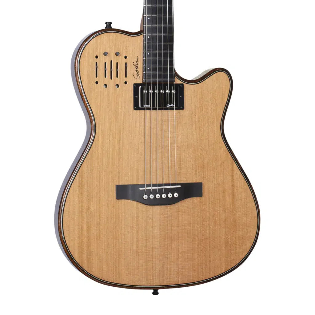 Godin A6 Ultra Deluxe Natural w/Gigbag cutaway acoustic-electric guitar with a natural wood finish, a neck humbucker, and a bridge-mounted transducer.