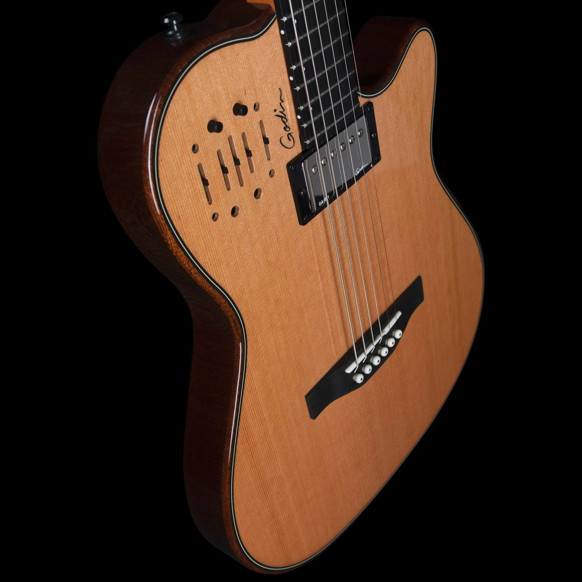 Godin A6 Ultra Deluxe Natural w/Gigbag hybrid electric guitar with a natural wood top, bridge-mounted humbucker, and slider controls on the upper bout.