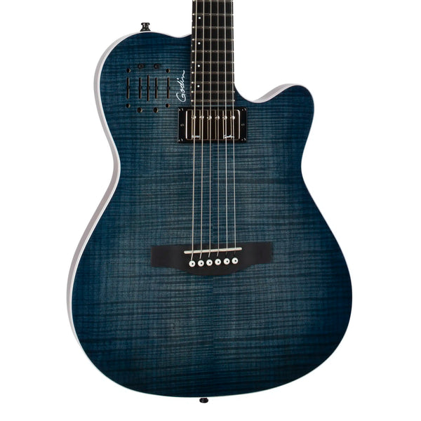 A close-up of the Godin A6 Ultra – Denim Blue Flame hybrid guitar by Godin, showing its six strings, black pickup, sound holes, and bridge with white pins.