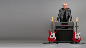 Godin LERXST Grace Red LTD guitars and amp displayed with Alex Lifeson.