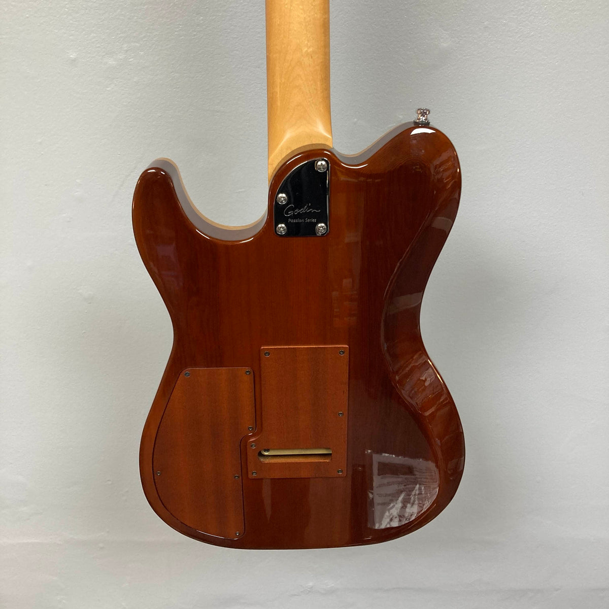 Back view of the Godin Passion Custom Swamp Ash Electric Guitar w/ GigBag Consign by Godin, highlighting the neck joint, control cavity covers, and glossy wood finish against a plain wall—a striking instrument celebrated for its tonal versatility, especially when equipped with Seymour Duncan P-Rail pickups.