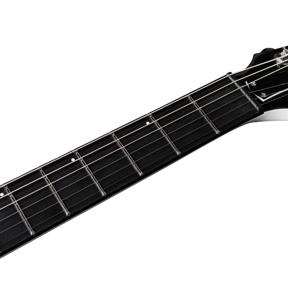 Close-up of the Godin Rik Emmett Premiere Electric Guitar neck and fretboard in black by Godin, highlighting the metal frets and strings against a white background—showcasing the refined craftsmanship of this limited edition model.