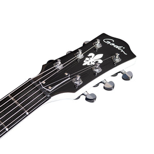 Close-up of the headstock of the Godin Rik Emmett Premiere Electric Guitar in black, showcasing silver tuning pegs, a fleur-de-lis design, and the "Godin" logo.