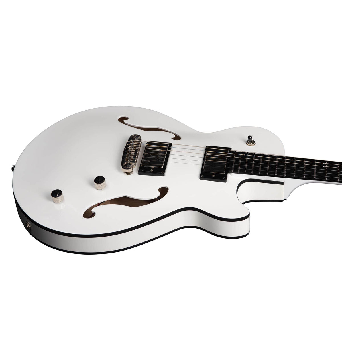 A limited edition Godin Rik Emmett Premiere Electric Guitar by Godin, featuring a white semi-hollow body with two f-holes, two control knobs, a bridge, and black trim, photographed against a white background.