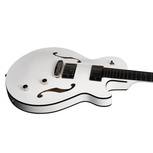 A limited edition Godin Rik Emmett Premiere Electric Guitar by Godin, featuring a white semi-hollow body with two f-holes, two control knobs, a bridge, and black trim, photographed against a white background.
