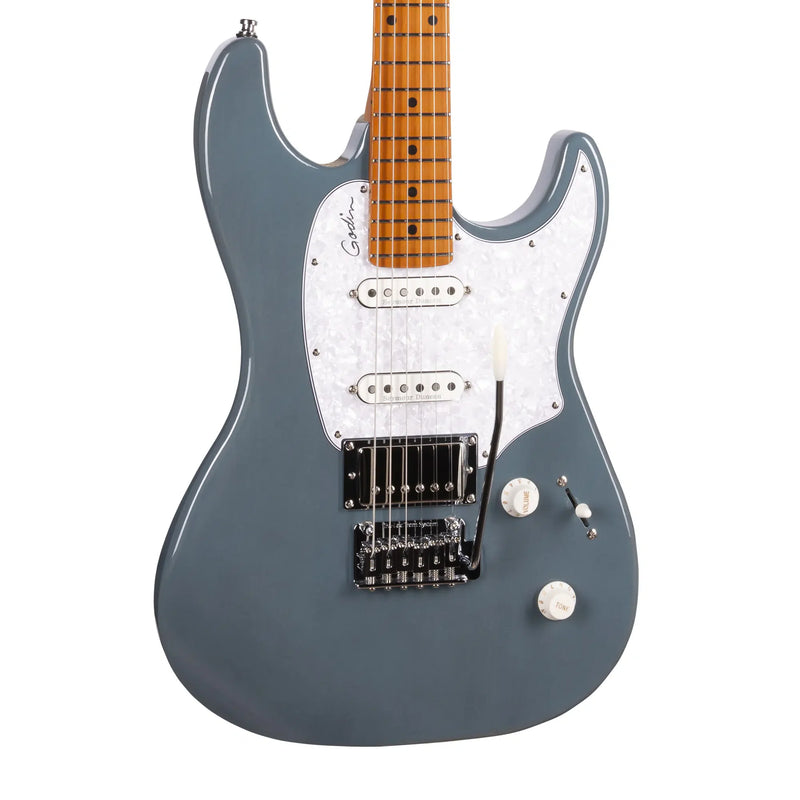 The Godin Session T-Pro Arctik Blue MN SF with Bag is an electric guitar featuring a white pickguard, H-S-S pickups, two control knobs, a selector switch, and a tremolo bridge.