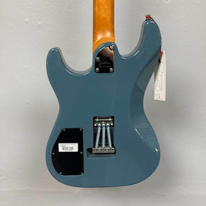 Rear view of the Godin Session T-Pro with Bag by Godin, highlighting the neck joint, string springs, control cavity cover, and hanging tag. It features an H-S-S Seymour Duncan pickup configuration on a plain gray background.