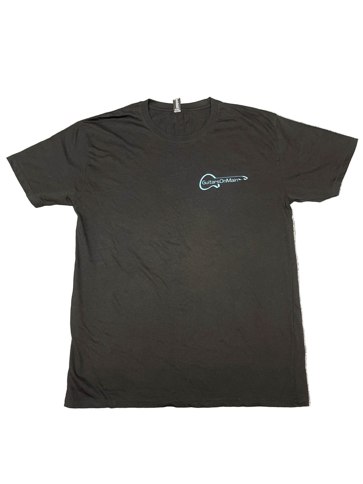 Guitars on Main black t-shirt, front view showing logo on chest