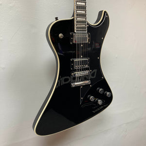 A Hagstrom Fantomen Custom Black electric guitar, featuring white trim, chrome hardware, Lundgren Design humbuckers, and four control knobs, hangs on a white wall.