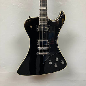 The Hagstrom Fantomen Custom Black w/case electric guitar by Hagstrom, featuring a distinctive offset body shape, chrome hardware, two Lundgren Design humbucker pickups, four control knobs, and white binding, is photographed against a plain white background.