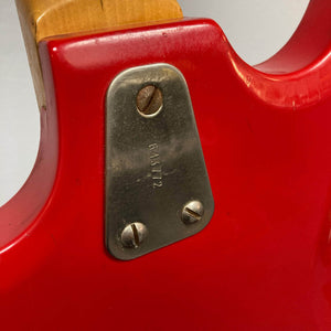 Hagstrom HII-B Mid-1960s Red Medium-Scale Bass, close-up of neck-joint plate with serial 643112, showcasing vintage design and craftsmanship.