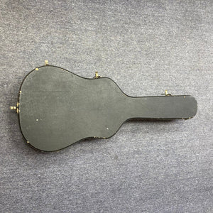 Black guitar case holding an Ibanez Starfield hollow body guitar, known for its warm tone and vintage-inspired design.